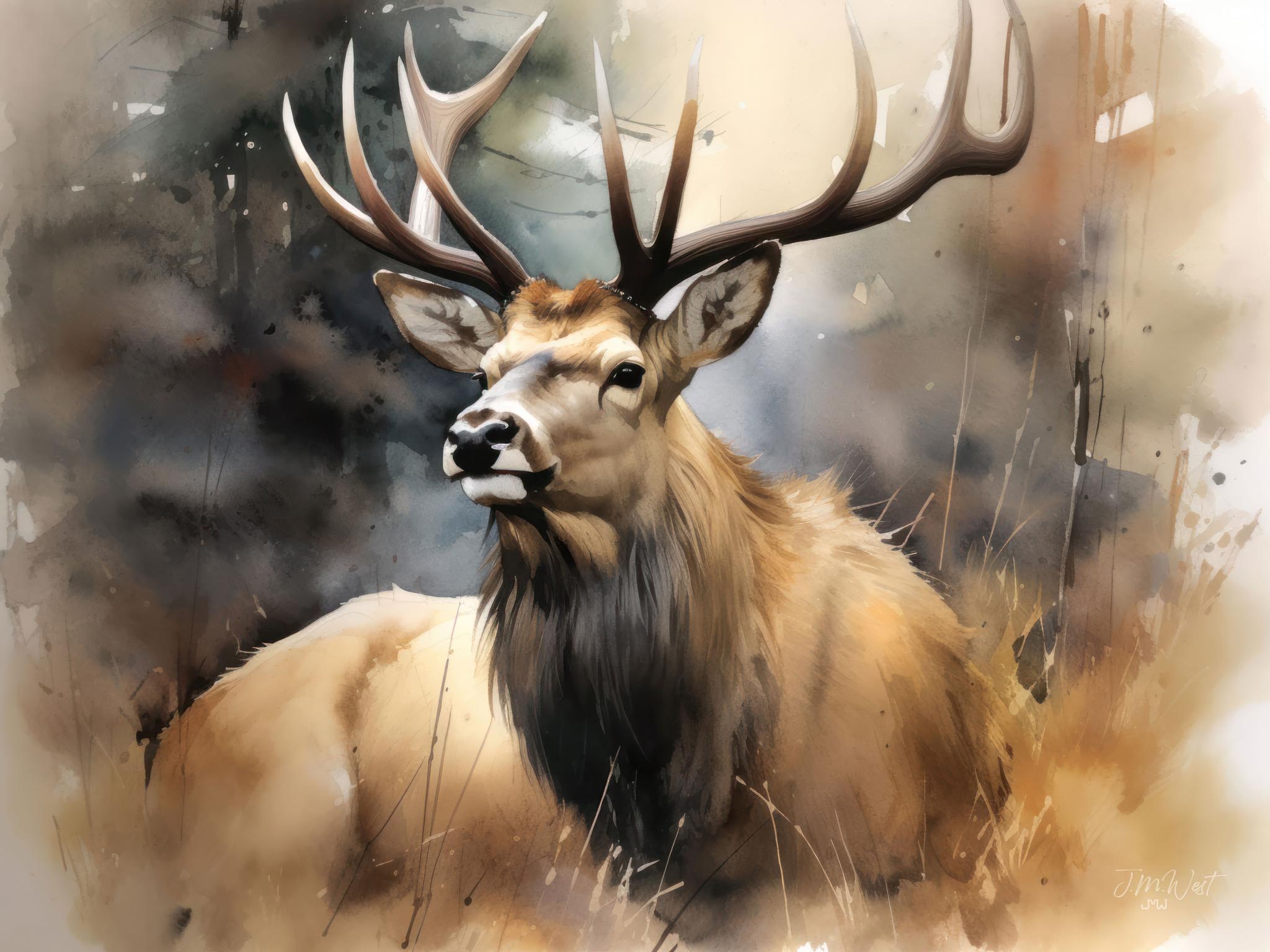 Watercolor painting of a bull elk in the Rocky Mountains, featuring pastel colors and a serene natural setting with lakes, streams, and pine trees.