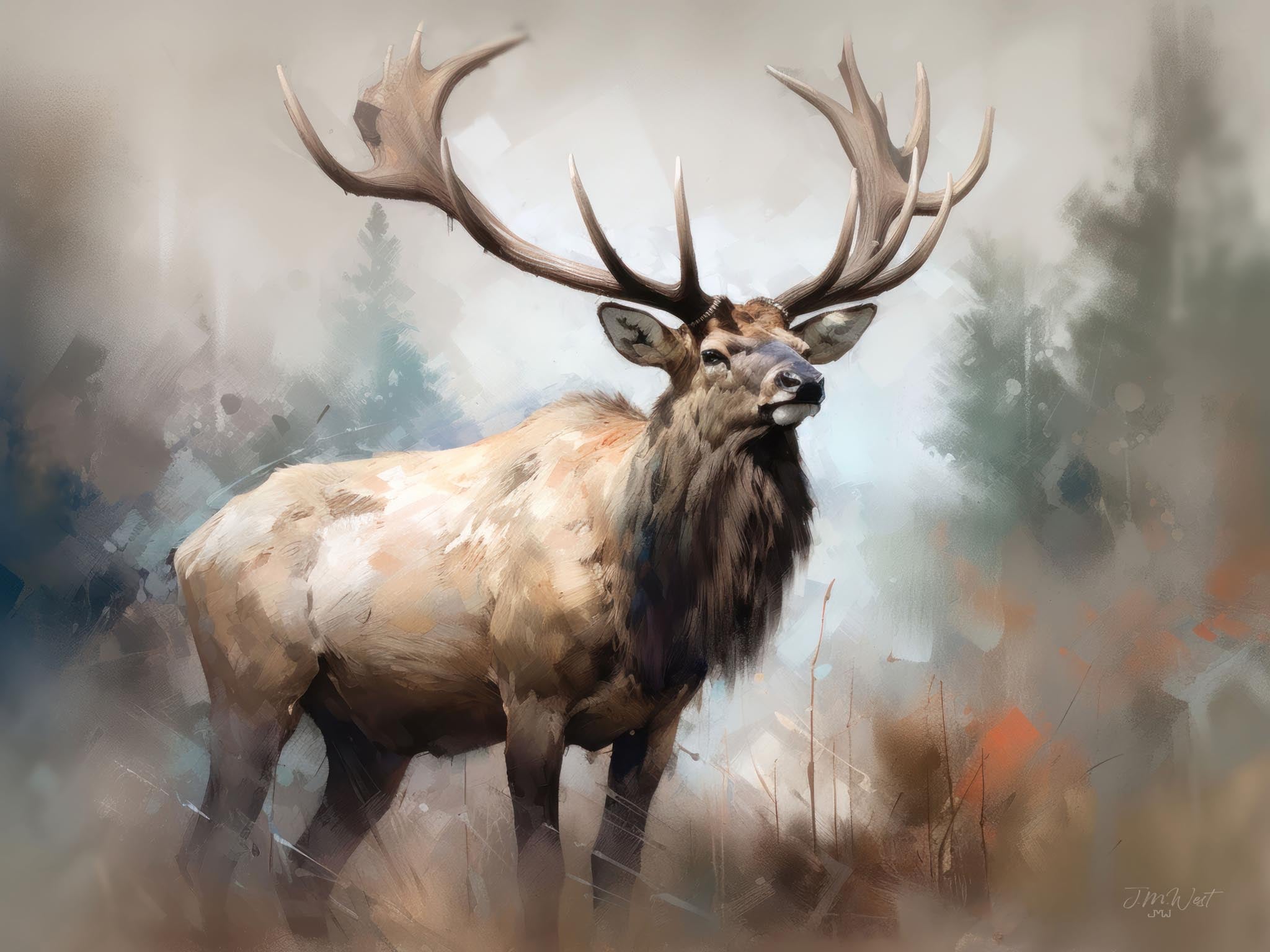 Watercolor painting of a bull elk in a foggy Rocky Mountain setting, with pastel colors highlighting the elk’s majesty and the tranquil environment with lakes, streams, and pine trees.