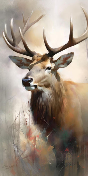 Painterly vertical portrait of a large bull elk with a multi-point antler rack and thick mane, rendered in warm amber and brown tones against a soft misty background, with abstract red, teal, and grey paint splatters in the lower composition, by artist Jay Bryant Ward.