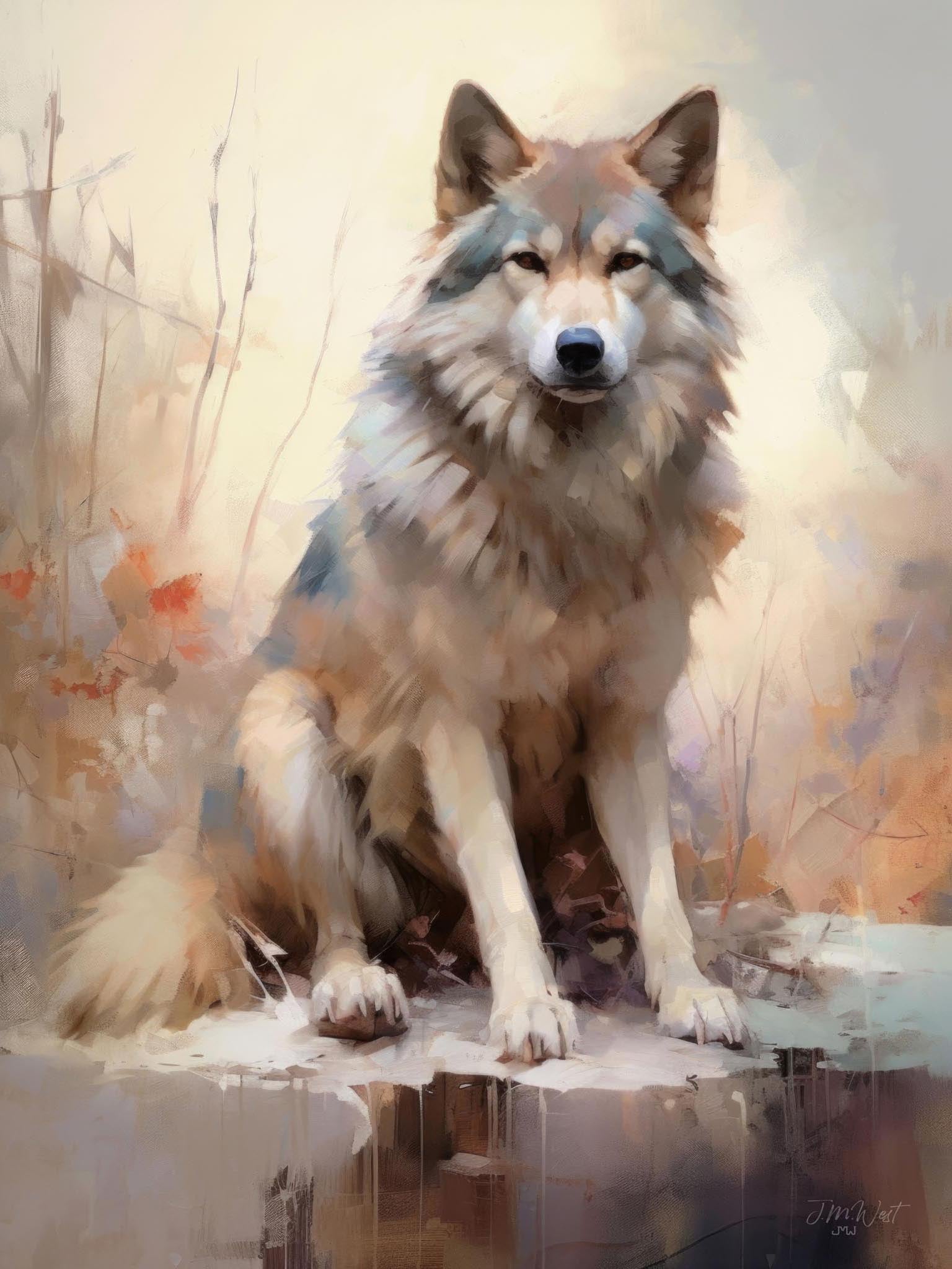 Watercolor painting of a wolf in the Rocky Mountains, featuring pastel colors and subtle details, with lakes, streams, and trees enhancing the natural wilderness scene.