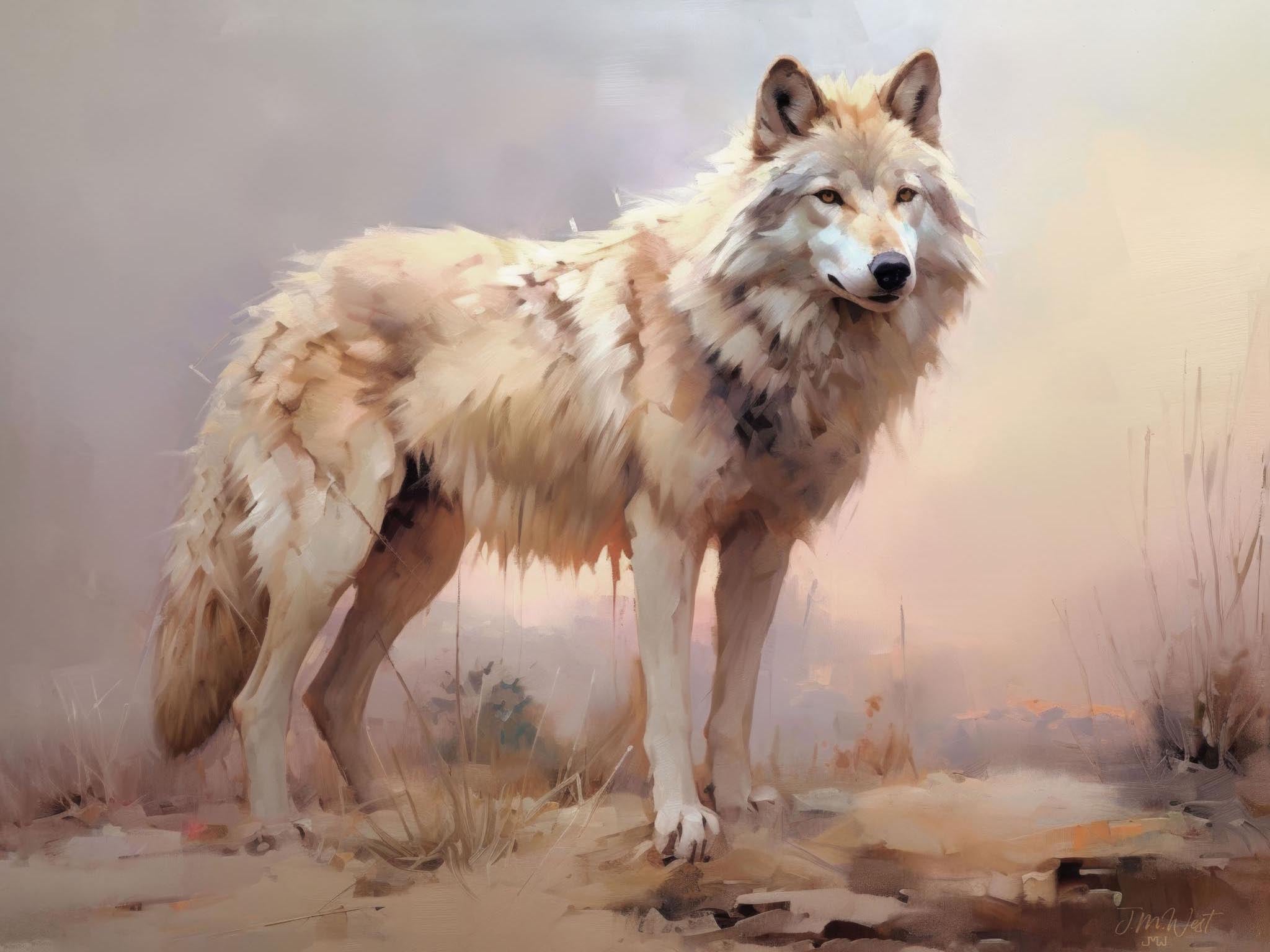 Watercolor painting of a wolf on the lookout in the Rocky Mountains, with pastel colors and natural elements like lakes, streams, and trees, highlighting the essence of wilderness.