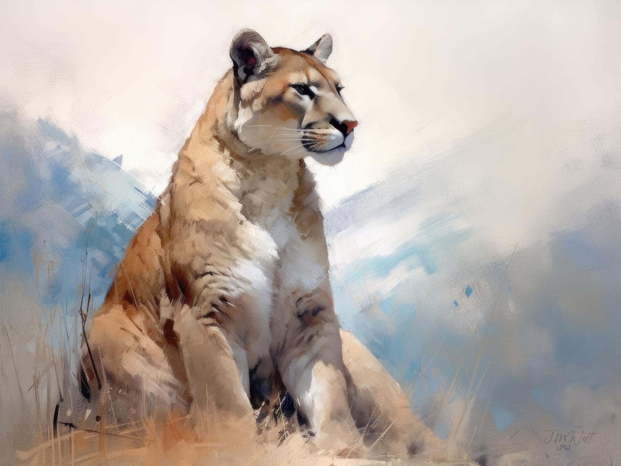 Watercolor painting of a cougar in the Rocky Mountains, showcasing the majestic presence of the animal in its natural habitat with subtle pastel colors and a focus on the wilderness.