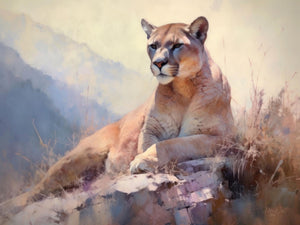 Watercolor painting of a reclining mountain lion in the Rocky Mountains, highlighting the serene and majestic nature of the animal with soft pastel colors and a peaceful outdoor setting.