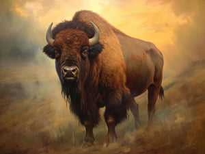 Painting of a majestic buffalo on a hillside in the Rocky Mountains, showcasing the grandeur of Western wildlife with warm, golden tones and a rugged, natural backdrop.