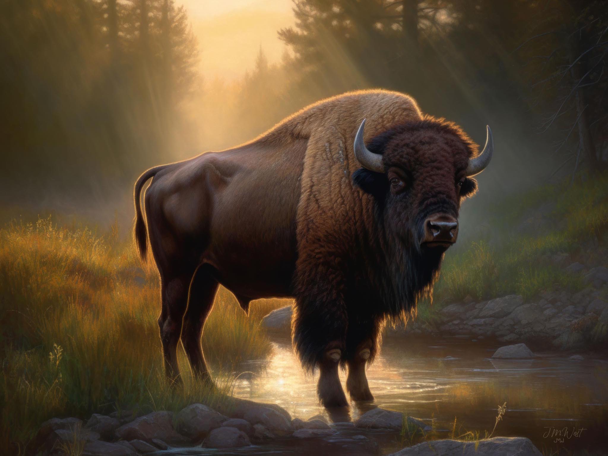 Buffalo wading by a stream in the Rocky Mountains at dawn, capturing the classic beauty of Western wildlife with golden morning light and a serene natural landscape.