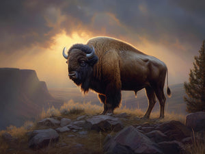 Buffalo standing on a ridge under a dramatic dark sky, overlooking a large valley in the Rocky Mountains, capturing the classic majesty of Western wildlife.