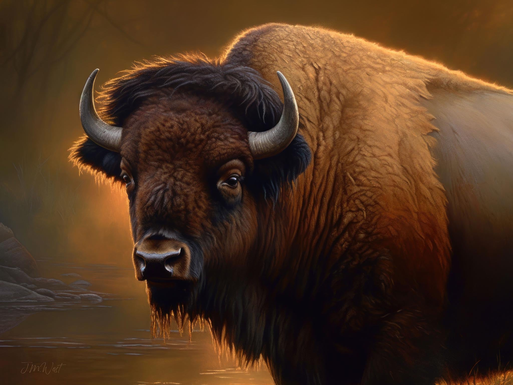 Close-up of a buffalo in a classic Western wildlife style, showcasing its majestic presence and the rugged beauty of the Rocky Mountains.