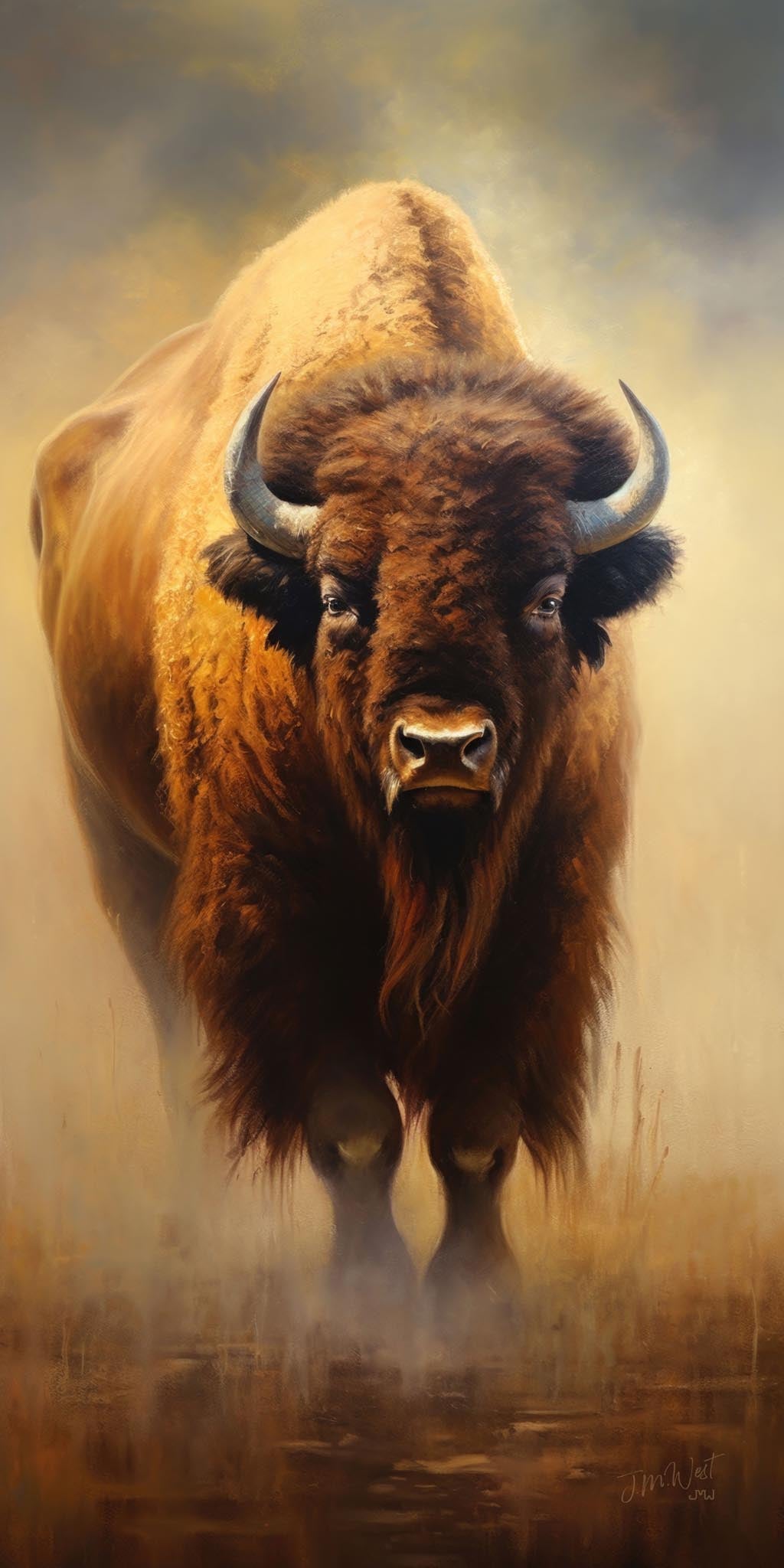 Oil painting style fine art print of a large American bison bull charging directly toward the viewer, rendered in rich warm browns and deep amber tones with a detailed shaggy coat and massive hump. Golden dust rises from the hooves below, and the background fades into a soft atmospheric haze of warm gold and cool grey. Vertical format. Artist signature visible in lower right corner.