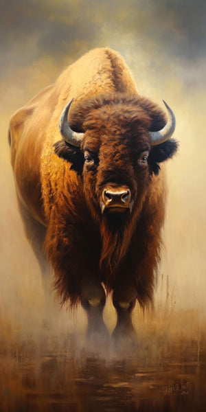 Oil painting style fine art print of a large American bison bull charging directly toward the viewer, rendered in rich warm browns and deep amber tones with a detailed shaggy coat and massive hump. Golden dust rises from the hooves below, and the background fades into a soft atmospheric haze of warm gold and cool grey. Vertical format. Artist signature visible in lower right corner.