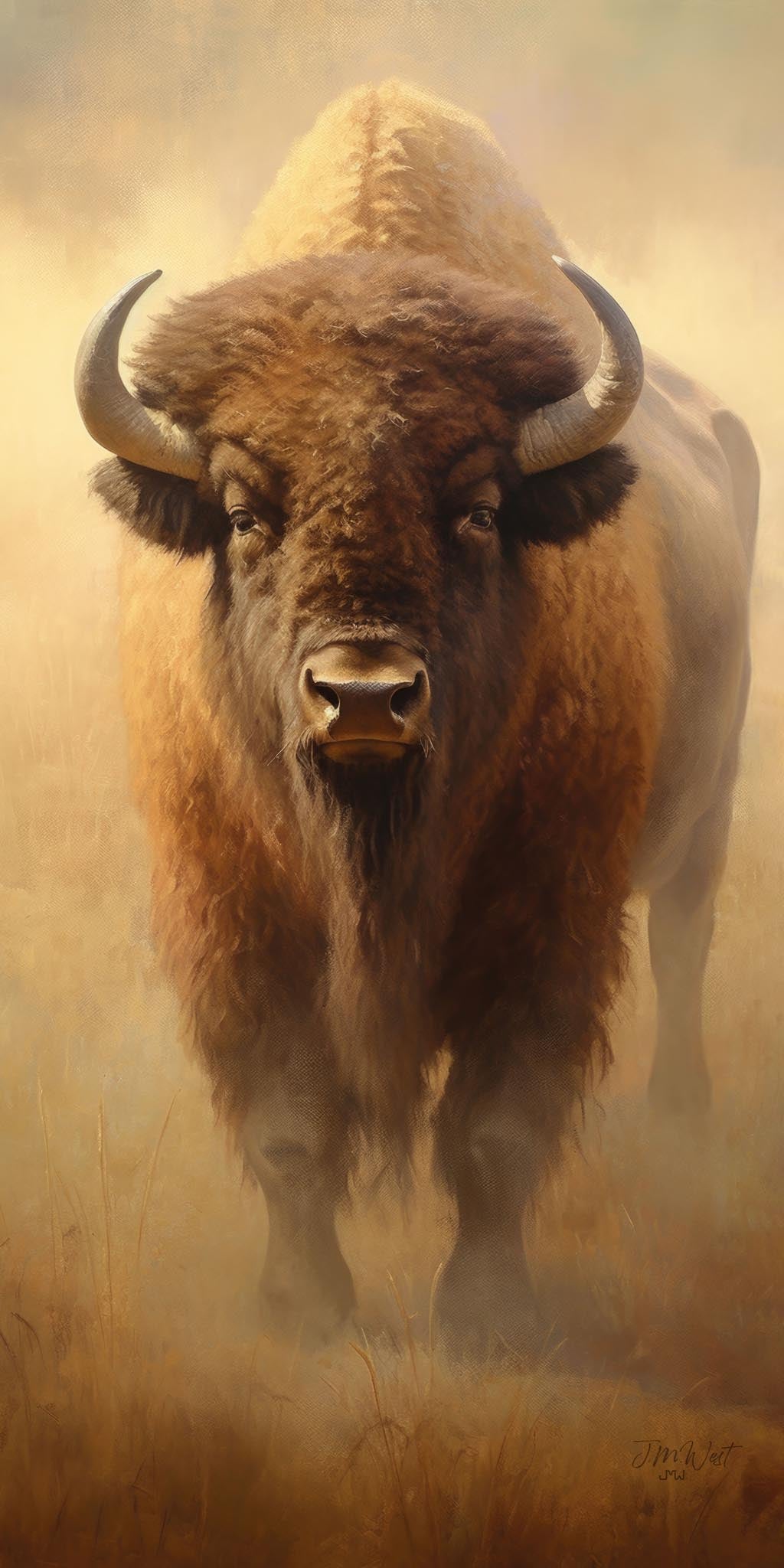 Oil painting-style portrait of an American bison bull facing forward, rendered in warm amber and sepia tones against a hazy golden-brown prairie background, by artist Jay Bryant Ward.