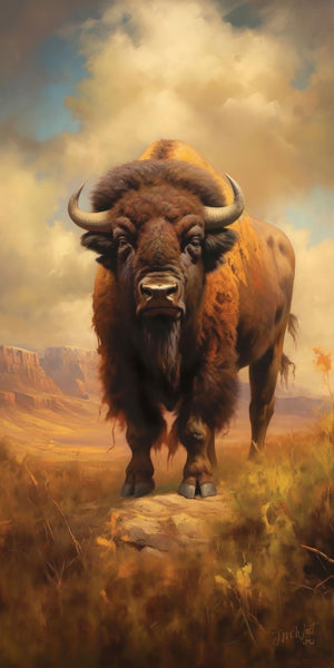 Oil-style painting of a large American bison bull facing forward, with a thick dark brown shaggy mane and powerful shoulders, set against Southwest red rock mesas and canyon formations beneath a dramatic golden cloud-filled sky, in warm earthy ochre and burnt sienna tones.