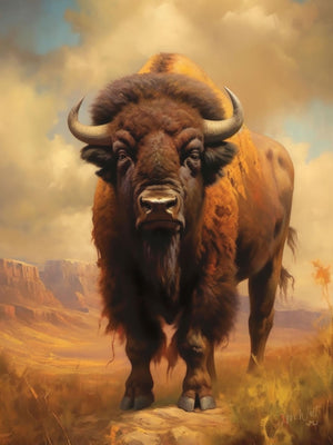 Majestic buffalo in a golden Western landscape with dramatic clouds, highlighting the grandeur and rugged beauty of the American West.