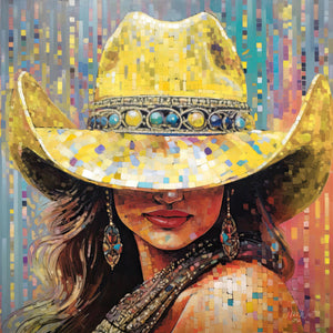 Colorful pop art-style portrait of a cowgirl wearing a rhinestone-studded hat, with sparkling details and vibrant patterns, evoking western fashion and charm.