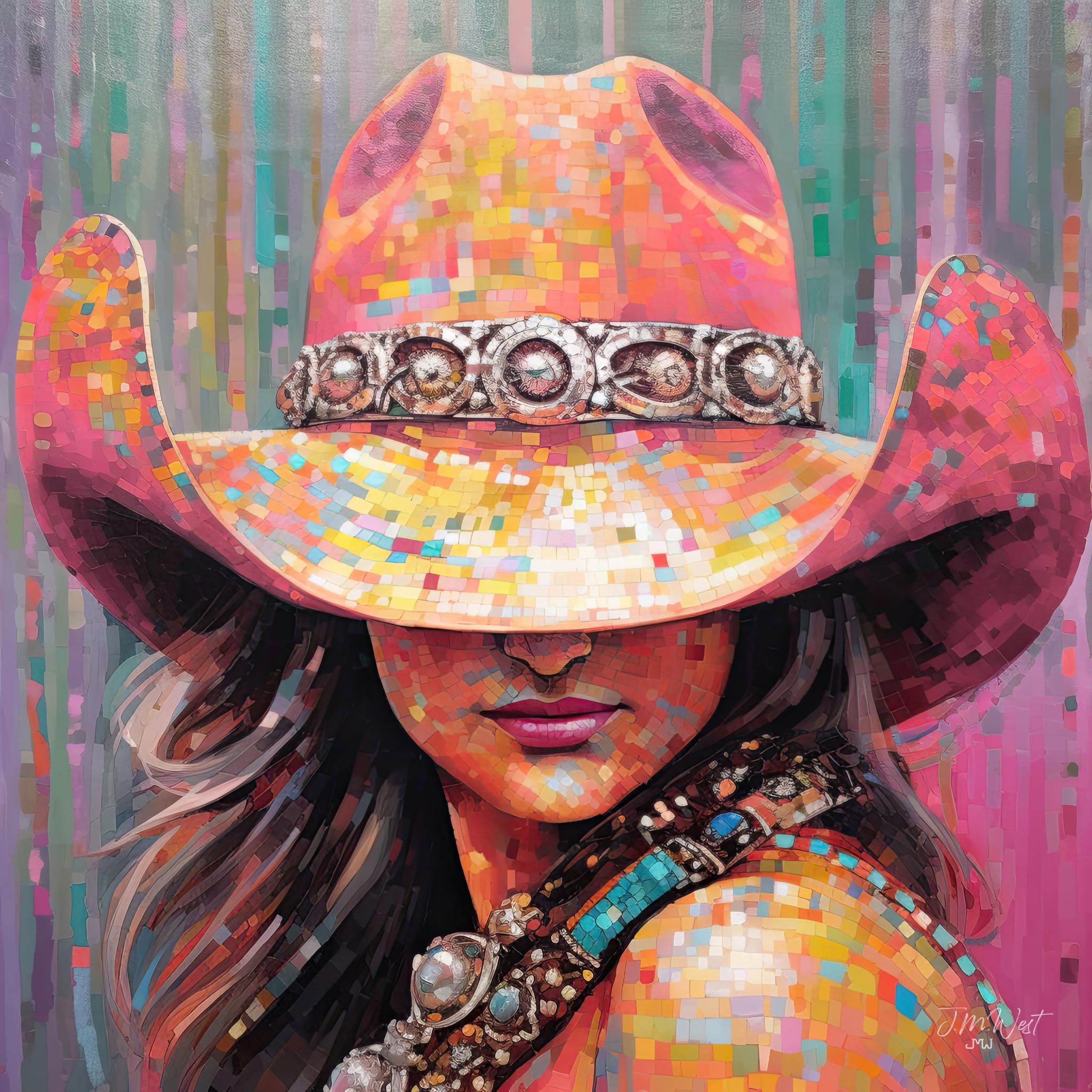 Colorful pop art-style portrait of a cowgirl wearing a rhinestone-studded hat in coral and turquoise, with sparkling details and bold western fashion.