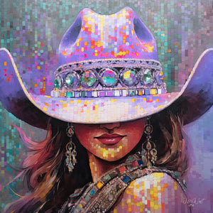 Colorful pop art-style portrait of a cowgirl wearing a rhinestone-studded lavender hat, with sparkling details and western charm, blending mystery and style.