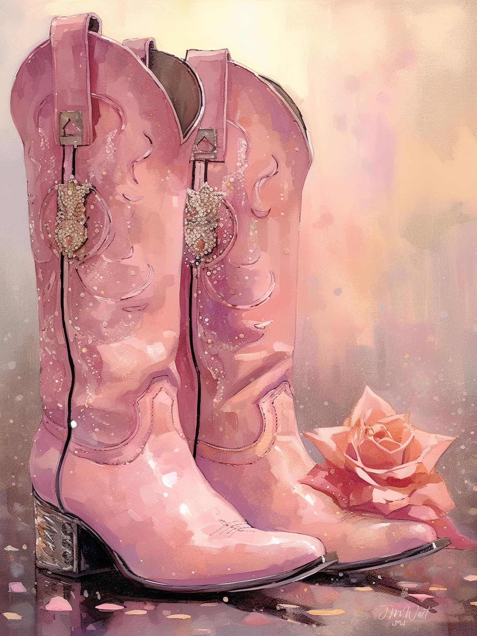 Pop art depiction of a cowgirl in vibrant pink boots with rhinestones and sparkles, celebrating Western fashion and honky-tonk style.