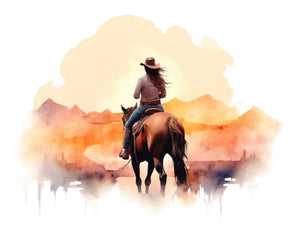 Watercolor portrait of a cowgirl on horseback, capturing elegance and strength beneath a Western sky.