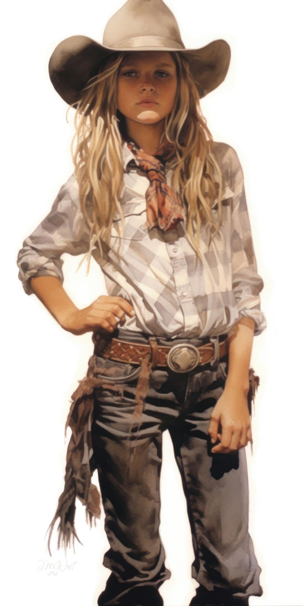 Watercolor-style fine art portrait of a young blonde girl in full western cowgirl attire including a wide-brimmed tan felt hat, gray plaid flannel shirt, knotted bandana, leather fringe chaps over distressed denim, and a silver concho belt buckle, standing confidently with one hand on her hip against a white background.