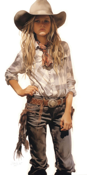 Watercolor-style fine art portrait of a young blonde girl in full western cowgirl attire including a wide-brimmed tan felt hat, gray plaid flannel shirt, knotted bandana, leather fringe chaps over distressed denim, and a silver concho belt buckle, standing confidently with one hand on her hip against a white background.
