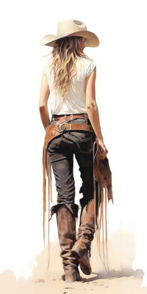Watercolor illustration of a cowgirl viewed from behind, wearing a wide-brimmed cream cowboy hat, white sleeveless top, dark jeans, long-fringed leather chaps, a silver-hardware belt, and tall worn leather boots, with long blonde wavy hair, carrying riding tack in her right hand, painted in warm earthy tones on a white background.