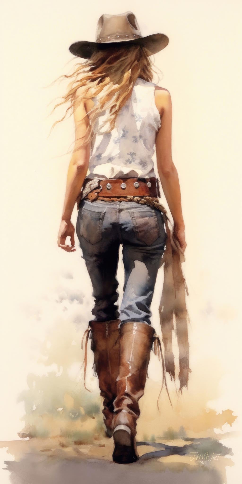 Watercolor illustration of a blonde woman walking away from the viewer, wearing a wide-brimmed studded cowboy hat, white floral blouse, distressed denim jeans with a leather concho belt, and tall fringed brown cowboy boots, set against a soft painterly desert background in ochre, sage, and cream tones. Art by Jay Bryant Ward.