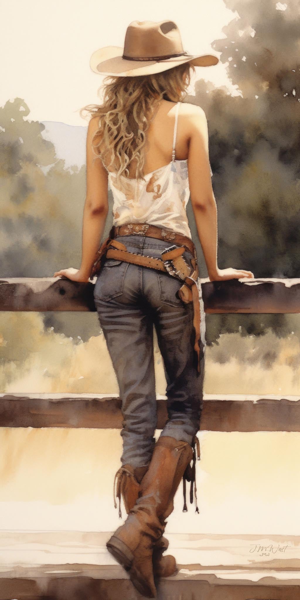 Watercolor art print of a young blonde woman viewed from behind, leaning on a rustic split-rail fence. She wears a wide-brimmed tan cowboy hat, white spaghetti-strap top, fitted blue jeans, a decorative leather gun belt with holster, and tall fringed brown leather boots. Soft green foliage and a warm golden sky fill the background in loose, expressive brushwork.