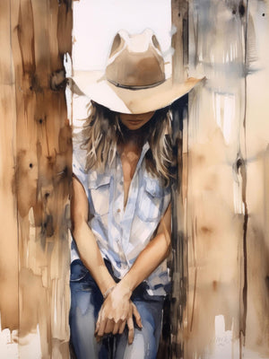 Watercolor portrait of a cowgirl in flannel and cowboy hat, standing by a wooden fence, reflecting Western style and individuality.