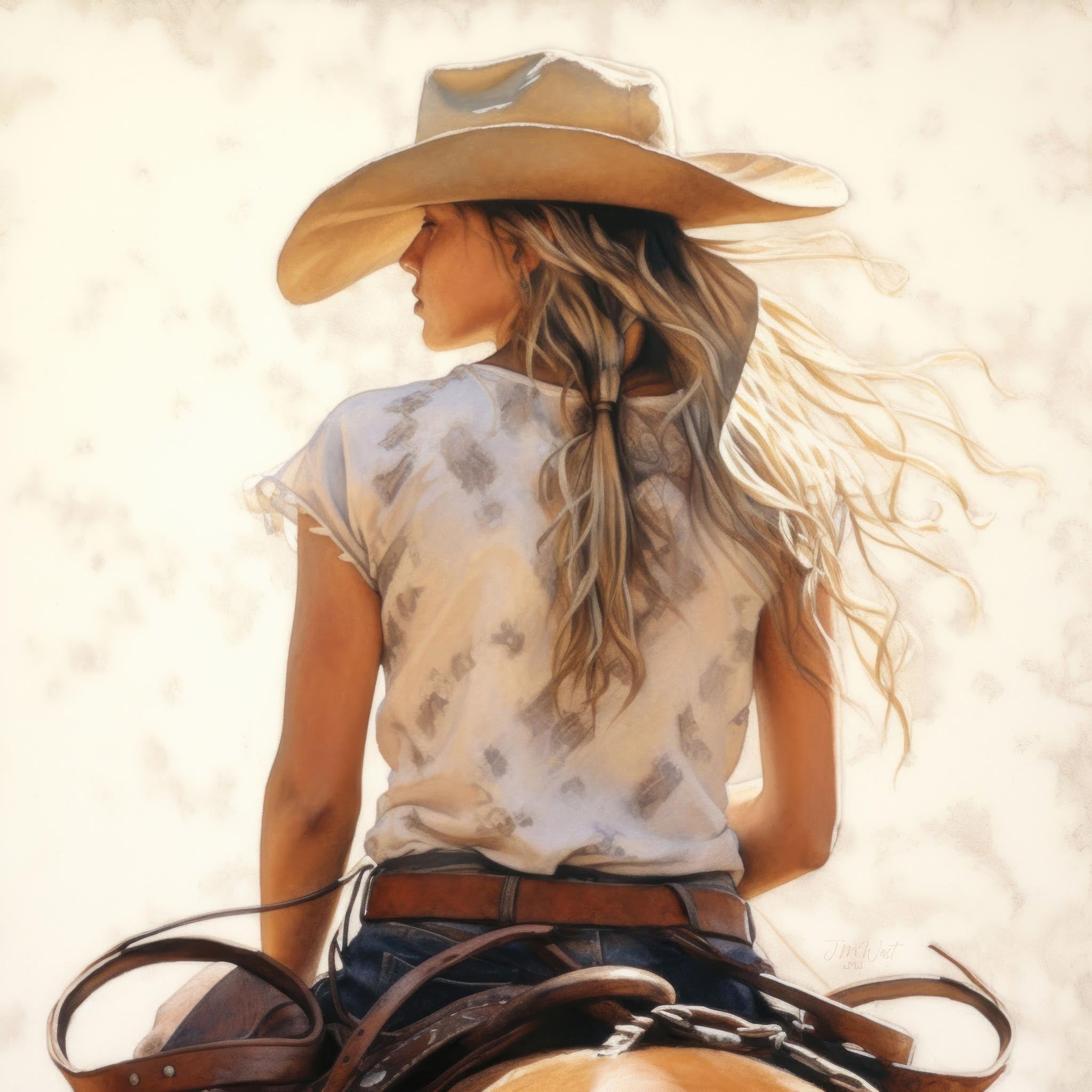 Watercolor portrait of a cowgirl riding a horse through a sunlit desert, with warm tones, movement, and a western theme.