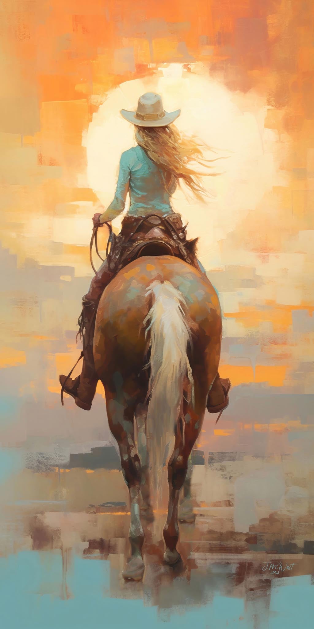 Painterly western art print showing a female equestrian rider from behind, mounted on a chestnut and white horse with a pale tail, wearing a white cowboy hat and teal shirt. The background features bold abstract brushstrokes in warm orange, gold, and cream surrounding a glowing sun, with cool teal and gray tones at the bottom. By Jay Bryant Ward.