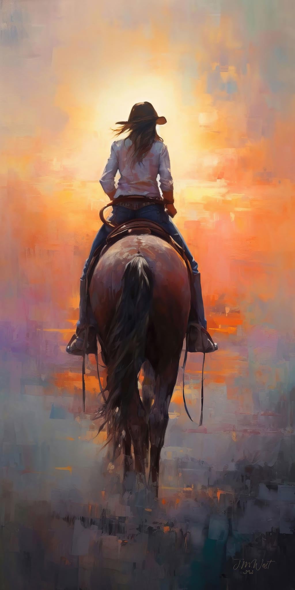 Oil-style impressionistic painting of a female cowgirl rider viewed from behind, mounted on a dark bay horse and riding toward a luminous golden-orange sunset, with warm expressive brushstrokes of orange, peach, lavender, and gray filling the western sky.