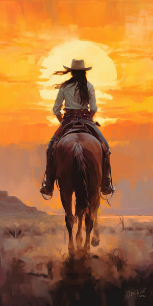 Oil-style western art print titled Long Journey by Jay Bryant Ward, depicting a female cowgirl on a chestnut horse viewed from behind, silhouetted against a large luminous golden-orange sunset sky, riding through open desert landscape. She wears a white shirt, leather chaps, cowboy hat, and boots with long dark hair flowing in the wind. Rich amber and burnt-orange tones throughout.