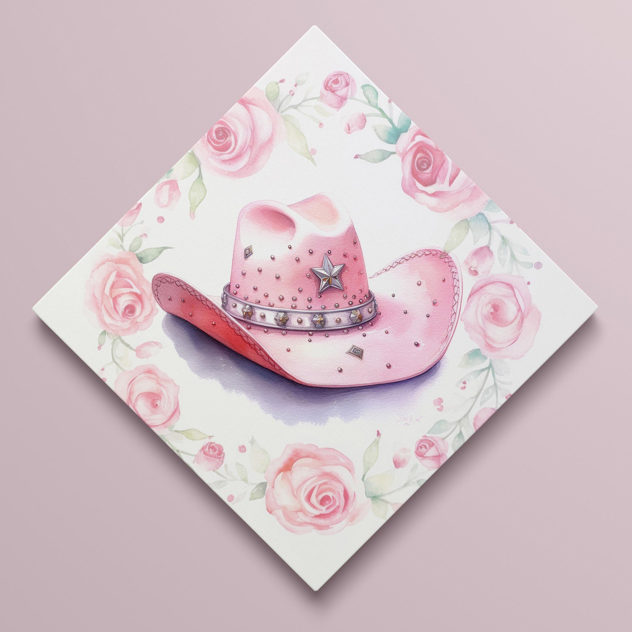 Watercolor illustration of a cowboy hat decorated with a pastel pink floral wreath, combining western style with delicate botanical accents.