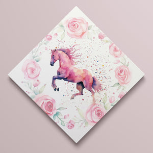 Watercolor illustration of a horse adorned with a pastel pink floral wreath, blending western style with delicate botanical elements.