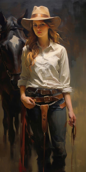 Oil-style fine art portrait of a young woman in Western attire — cream cowboy hat, white button-down shirt, leather belt, and dark jeans — standing confidently beside a dark horse while holding reins. Warm chiaroscuro lighting and expressive brushwork create a cinematic, old-master atmosphere.