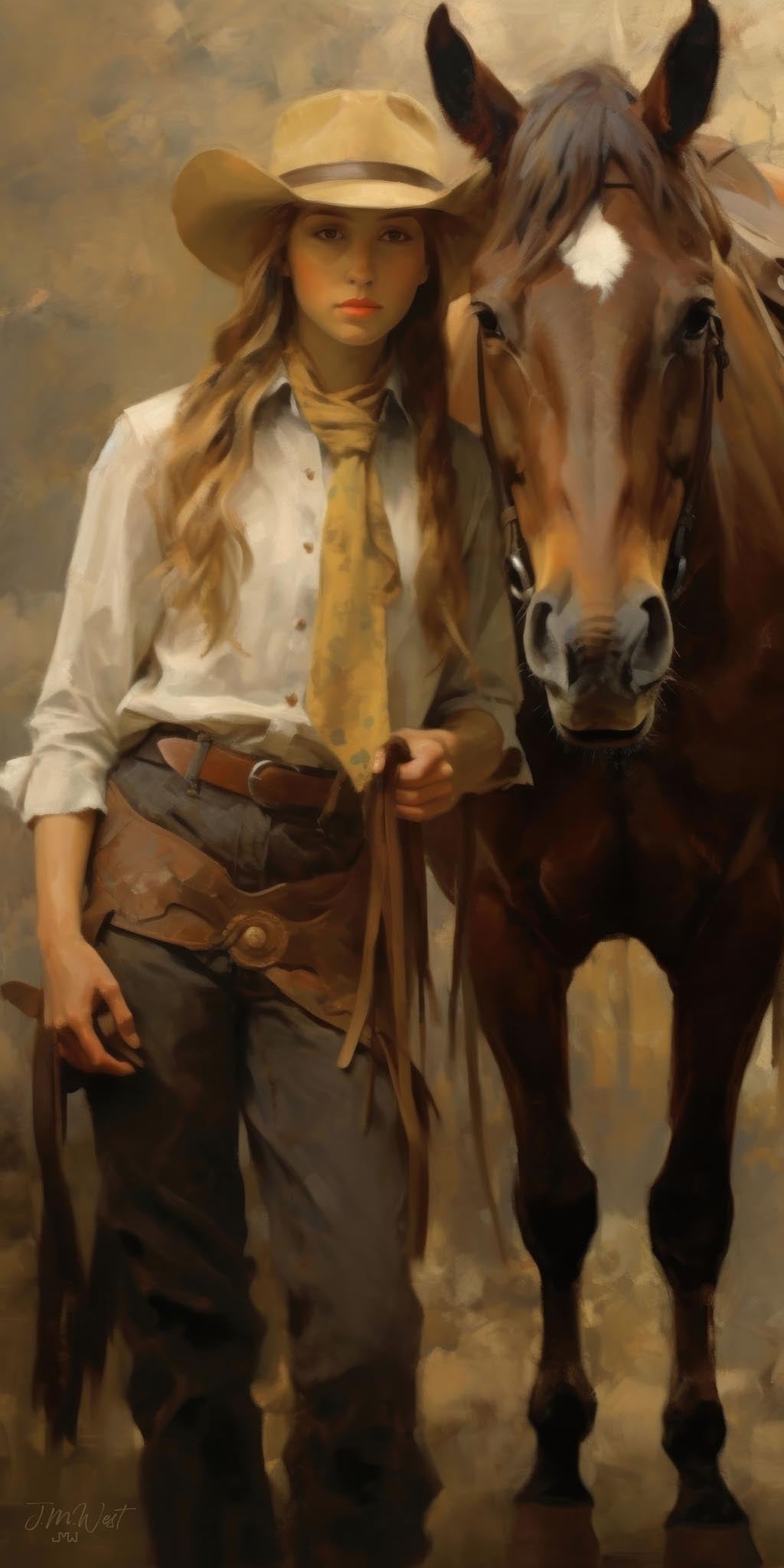 Oil painting portrait of a young cowgirl in a cream cowboy hat, white shirt, golden bandana, and leather chaps standing confidently beside a chestnut horse with a blaze marking, rendered in warm earth tones with loose expressive brushwork in the classic American Western figurative tradition.