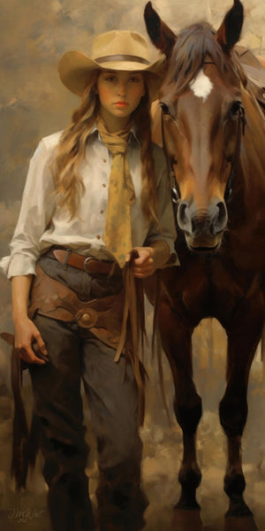 Oil painting portrait of a young cowgirl in a cream cowboy hat, white shirt, golden bandana, and leather chaps standing confidently beside a chestnut horse with a blaze marking, rendered in warm earth tones with loose expressive brushwork in the classic American Western figurative tradition.