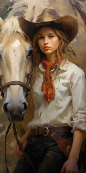 Oil painting-style portrait of a young woman in a brown cowboy hat, white linen shirt, red bandana, and leather belt standing beside a white horse with a leather bridle, painted in warm earth tones with confident brushwork in the tradition of American Western figurative art.