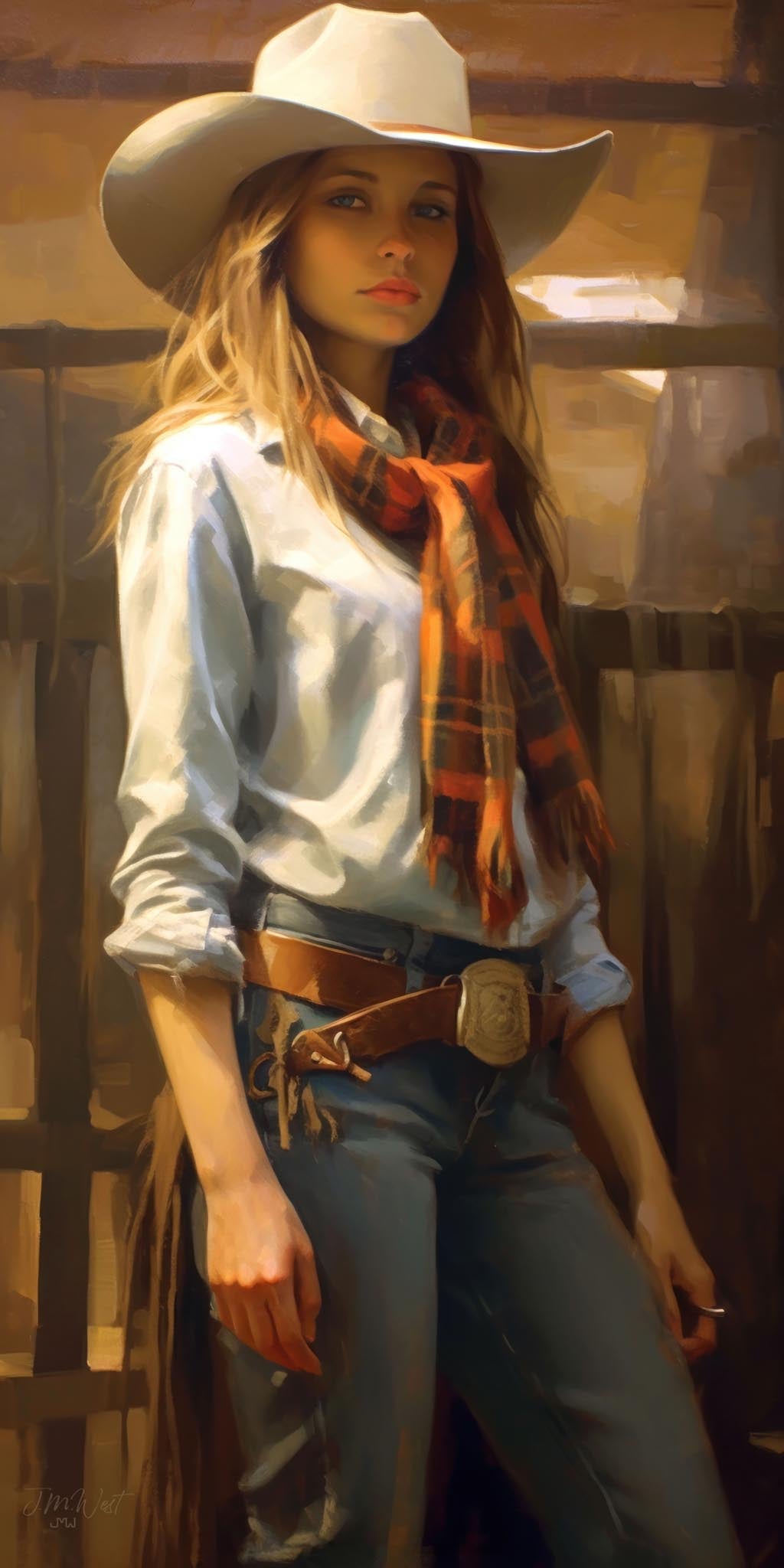 Oil-style painted portrait of a young blonde woman in a white cowboy hat, white button-down shirt, blue jeans, and an orange-red plaid scarf, standing near a rustic wooden fence in warm golden light. Art by Jay Bryant Ward.