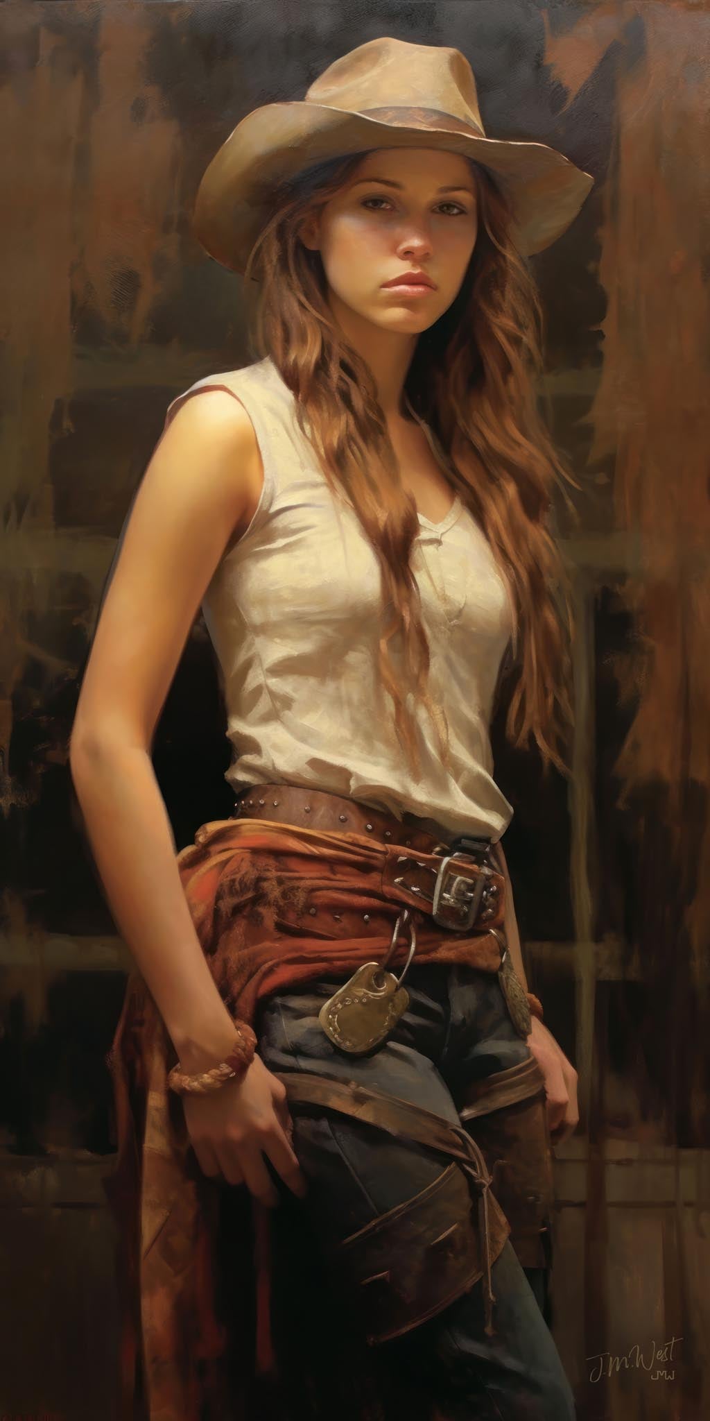 Oil-style portrait painting of a young woman in Western attire — wide-brimmed cowboy hat, white blouse, studded leather belt, denim shorts, and a rust-colored bandana — with long auburn hair and a direct, confident gaze, set against a warm amber and sienna barn-toned background. Art by Jay Bryant Ward.