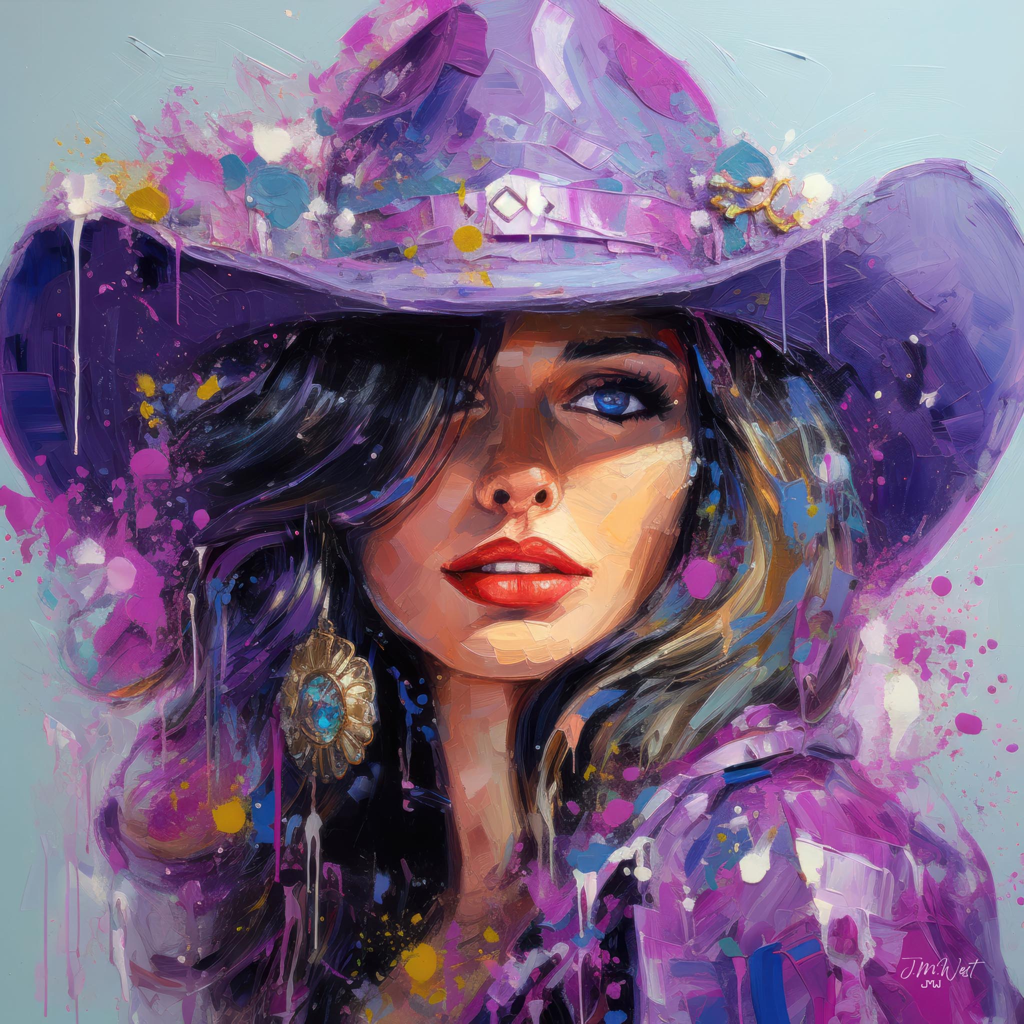 Bold oil painting of a dark-haired cowgirl in purple, featuring a stylish hat and western fashion, capturing the spirit of rodeo culture and beauty.