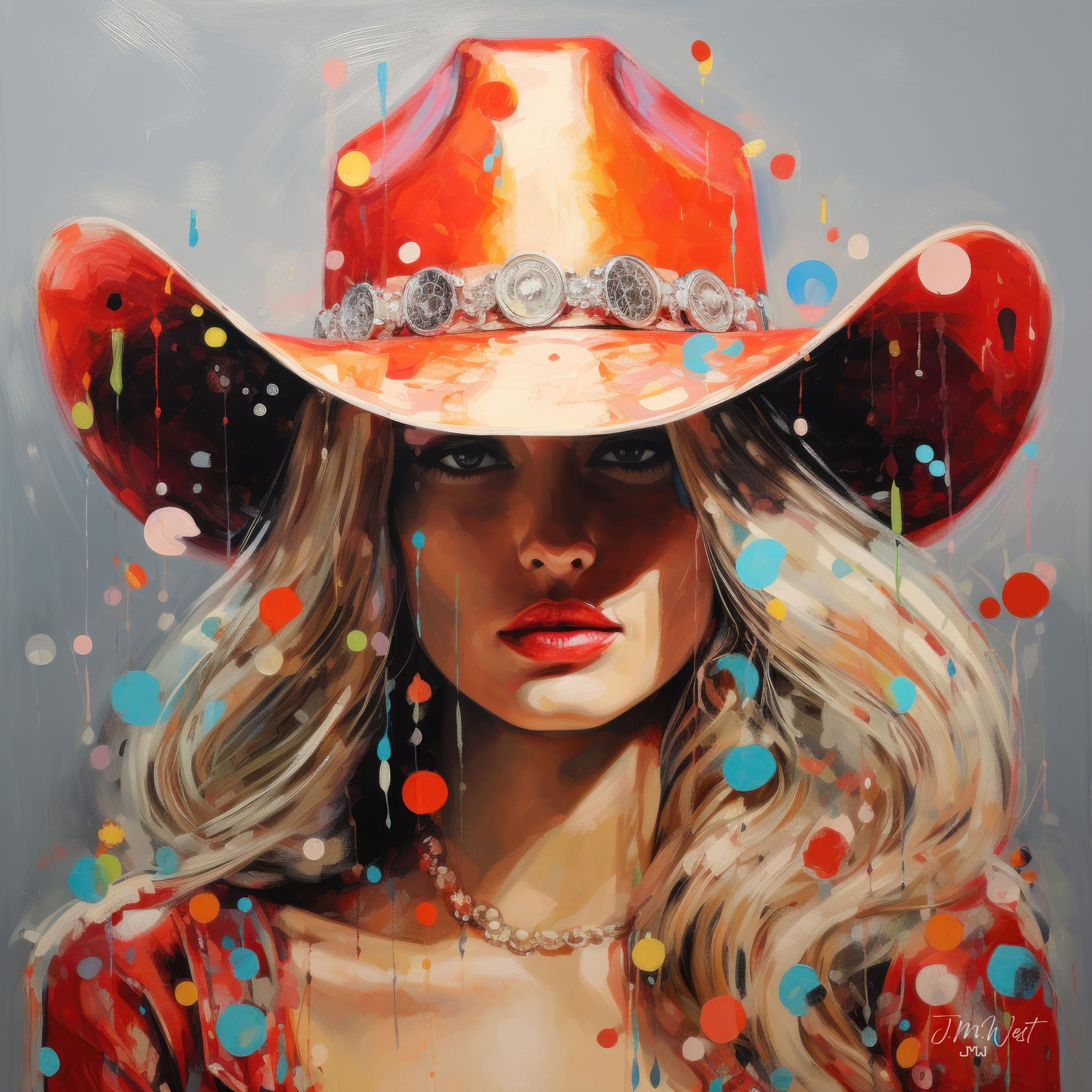 Bold oil painting of a cowgirl in a red hat, emphasizing western fashion and rodeo queen elegance.