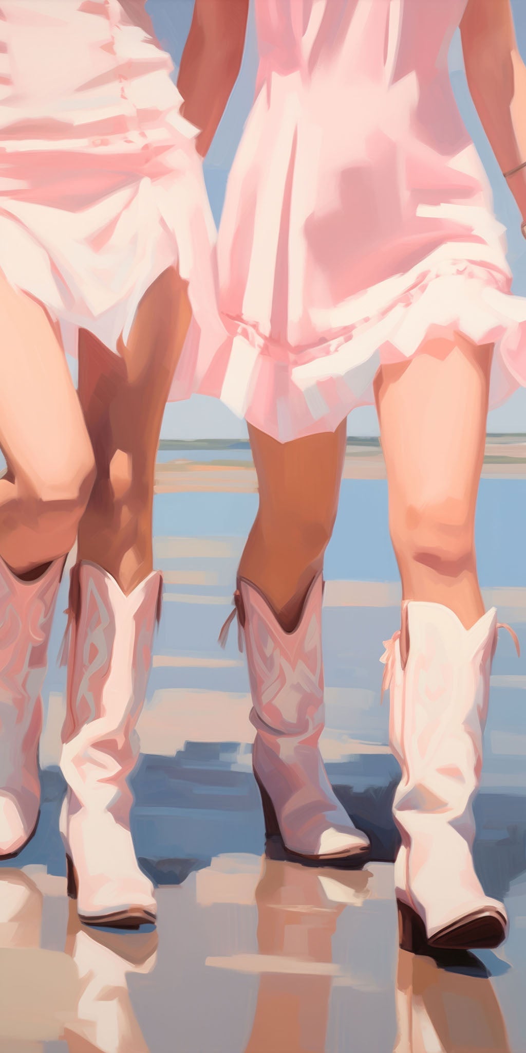 Vibrant illustration of two fashionable women in dresses and cowgirl boots strolling along a sandy beach, capturing the essence of summer with light pastels and warm sunlight, embodying coastal elegance and carefree friendship.