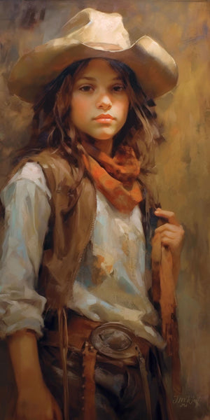Oil painting portrait of a young girl in Western cowgirl attire including a cream wide-brimmed cowboy hat, brown leather vest, orange bandana, and decorative belt buckle, holding leather reins and gazing confidently at the viewer against a warm earth-tone background.