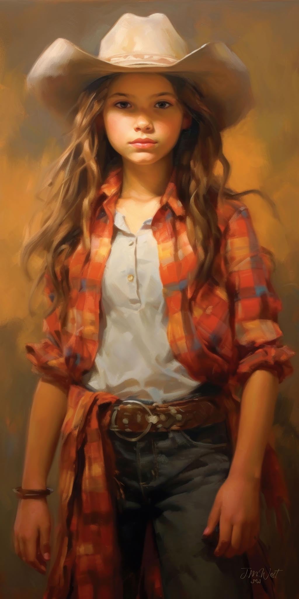 Oil-style portrait of a young girl in a cream cowboy hat, red and orange plaid flannel shirt, and dark denim jeans with a leather belt, gazing confidently at the viewer against a warm golden-amber background. Western fine art print by Jay Bryant Ward.