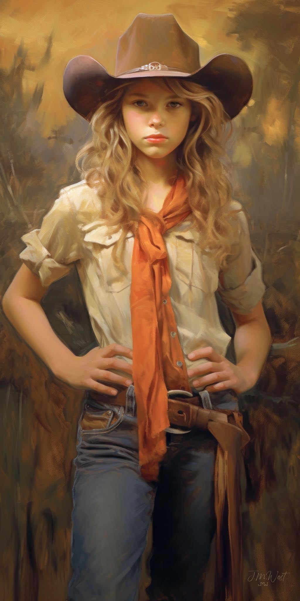 Digital oil-style portrait of a young blonde cowgirl standing with hands on hips, wearing a brown cowboy hat, cream shirt, orange bandana, blue jeans, and leather belt against a warm golden-brown impressionistic background.