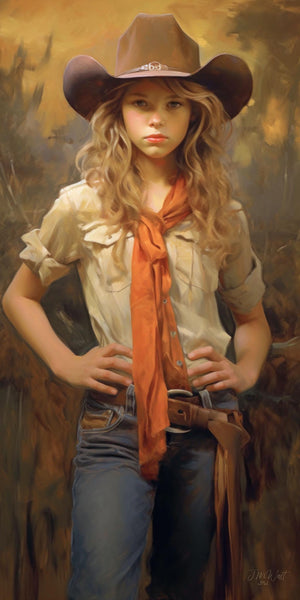 Digital oil-style portrait of a young blonde cowgirl standing with hands on hips, wearing a brown cowboy hat, cream shirt, orange bandana, blue jeans, and leather belt against a warm golden-brown impressionistic background.