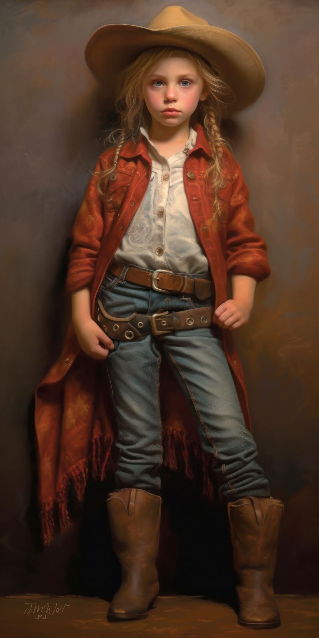 Oil-style portrait painting of a young blonde cowgirl in a wide-brimmed tan hat, red embroidered duster coat, blue jeans, and tan cowboy boots, standing confidently against a warm moody brown background. Fine art print by Jay Bryant Ward.