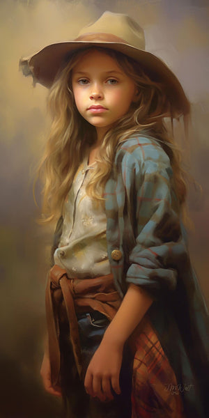 Digital oil painting portrait of a young blonde girl wearing a wide-brimmed tan cowboy hat, blue plaid flannel shirt, cream undershirt, and brown leather belt, set against a warm gold and lavender background in a classic Western Americana style.