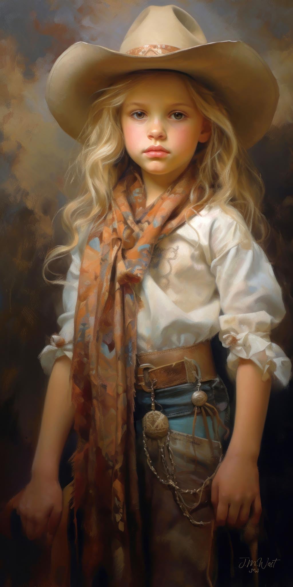 Oil painting style portrait of a young blonde girl wearing a wide-brimmed tan cowboy hat, white embroidered blouse, orange and blue bandana, leather belt with silver buckle, and denim jeans with a concho chain. She gazes directly at the viewer against a warm brown and gold painterly background. Western fine art print by Jay Bryant Ward.