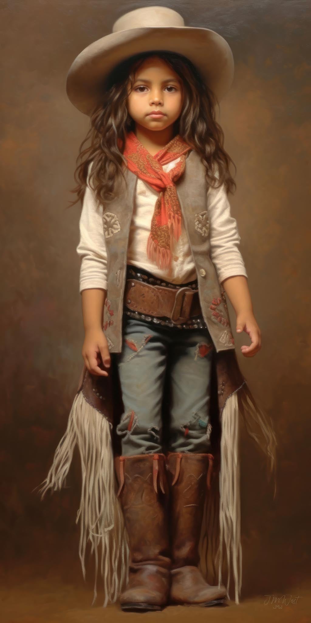 Oil painting portrait of a young girl in Western cowgirl attire including wide-brimmed felt hat, embroidered suede vest, red scarf, fringe chaps, and tall brown cowboy boots, standing confidently against a warm brown background with long flowing dark hair, by artist Jay Bryant Ward.